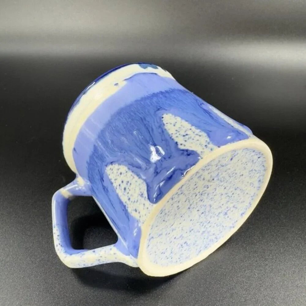 Vintage 1980s Blue Drip‎ Glaze Pottery Coffee Mug Cup Set 2 Hand Made Stoneware